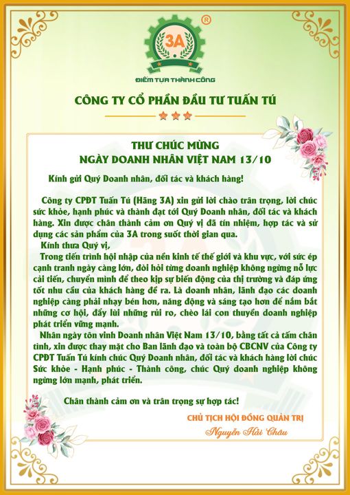 THƯ CHÚC MỪNG NGÀY DOANH NHÂN VIỆT NAM 13/10/2024