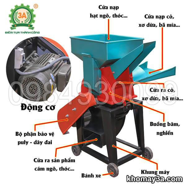 cấu tạo Máy băm cỏ, nghiền ngô, xơ dừa 3A3kW