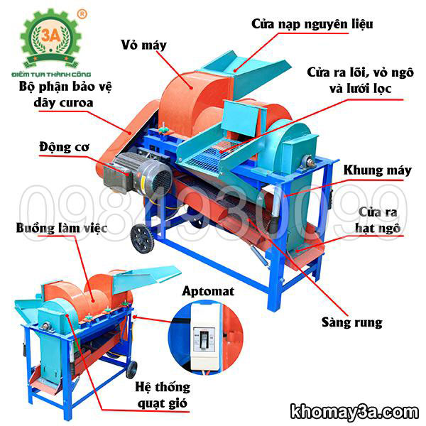 Cấu tạo của máy tách hạt ngô cả vỏ 3A3,5kW